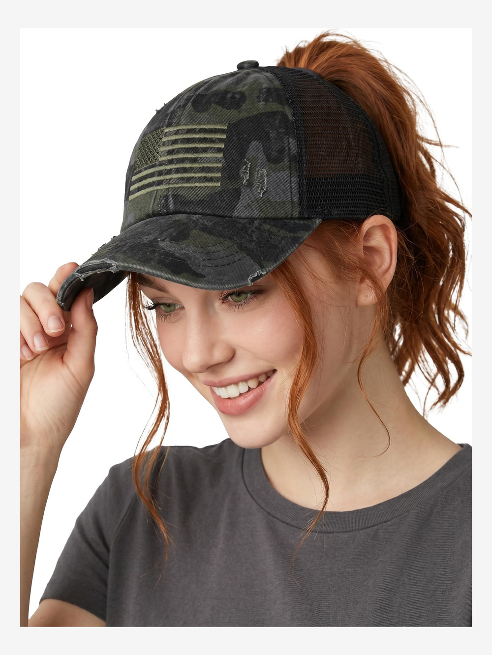 Criss Cross Ponytail Cap, Messy Bun | American Flag, Jet Black Camo | Size OS